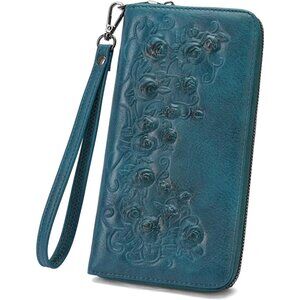 MeiitruLarge Capacity Floral Embossed Vegan Leather Wallet with RFID PeaBlue